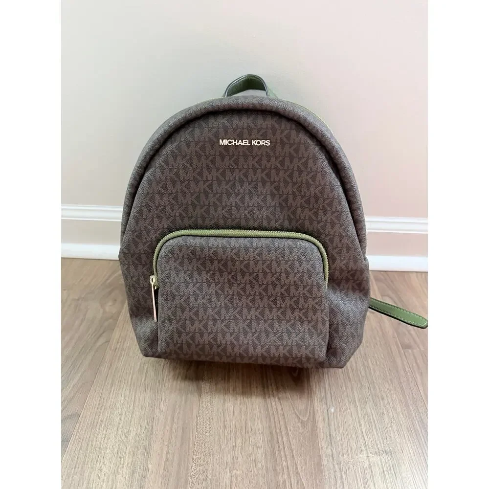 Michael Kors Erin Medium Brown MK Logo Green Trim Backpack